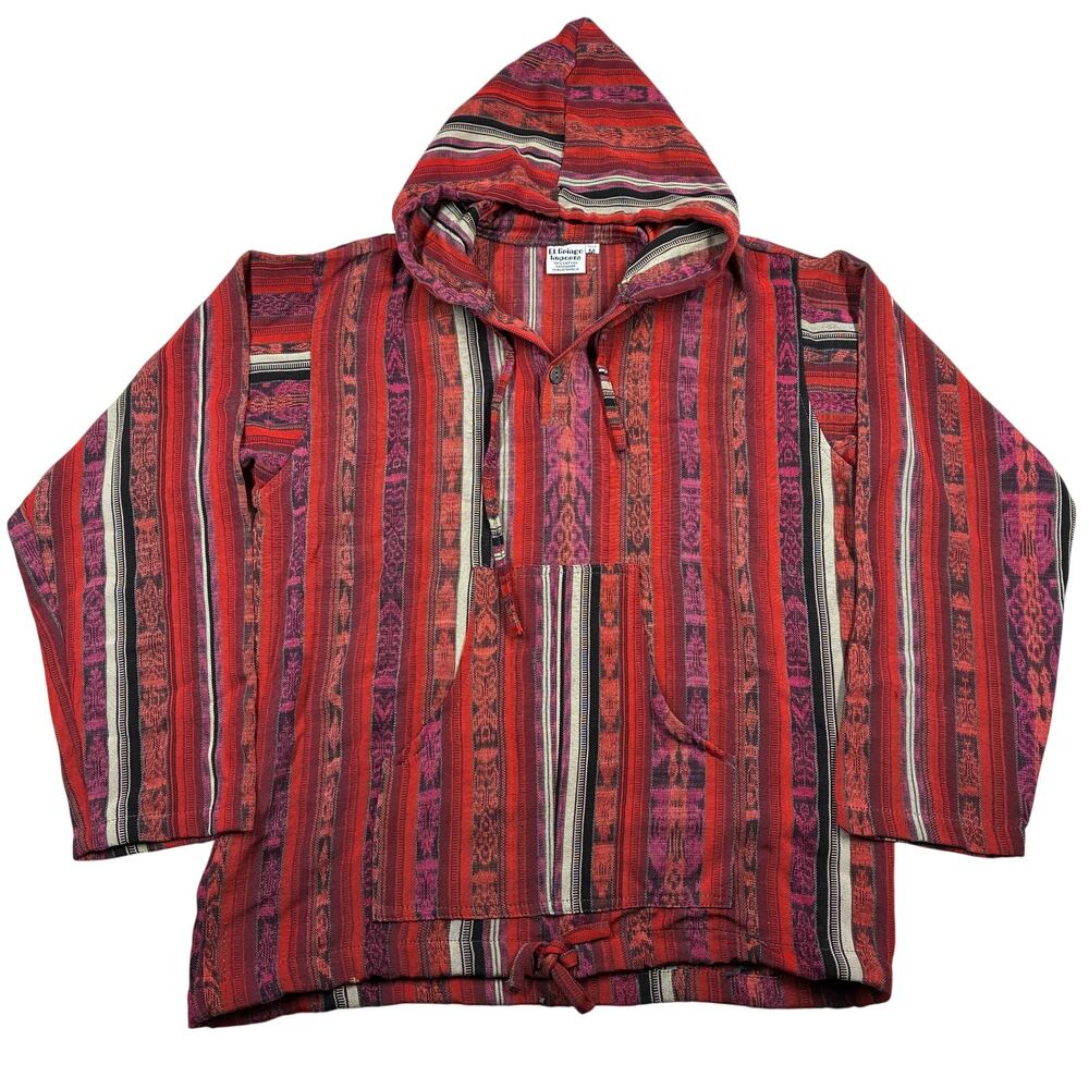 Vintage Poncho Hoodie Medium Handmade Drug Rug Tribal Print Cotton El Gringo